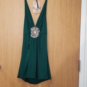 Roommates California, NWOT, green backless halter fit & flare w/sequin medallion